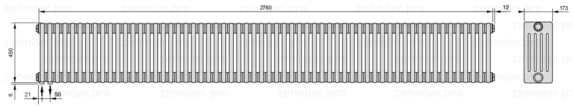 Схема (чертеж) Радиатор Zehnder Charleston 5045/60 №3370 Белый глянцевый RAL 9016